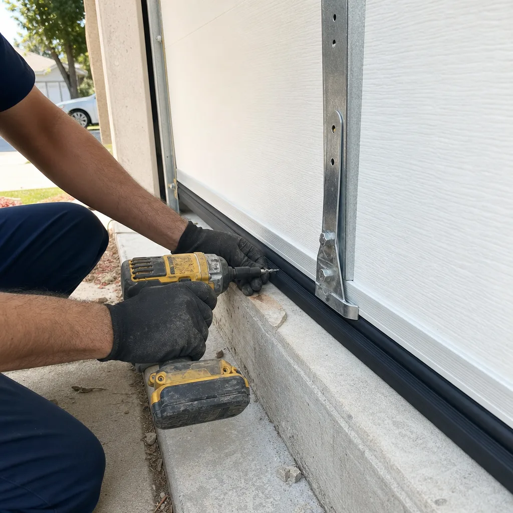 Technician using a power drill to install garage door bottom weather seal