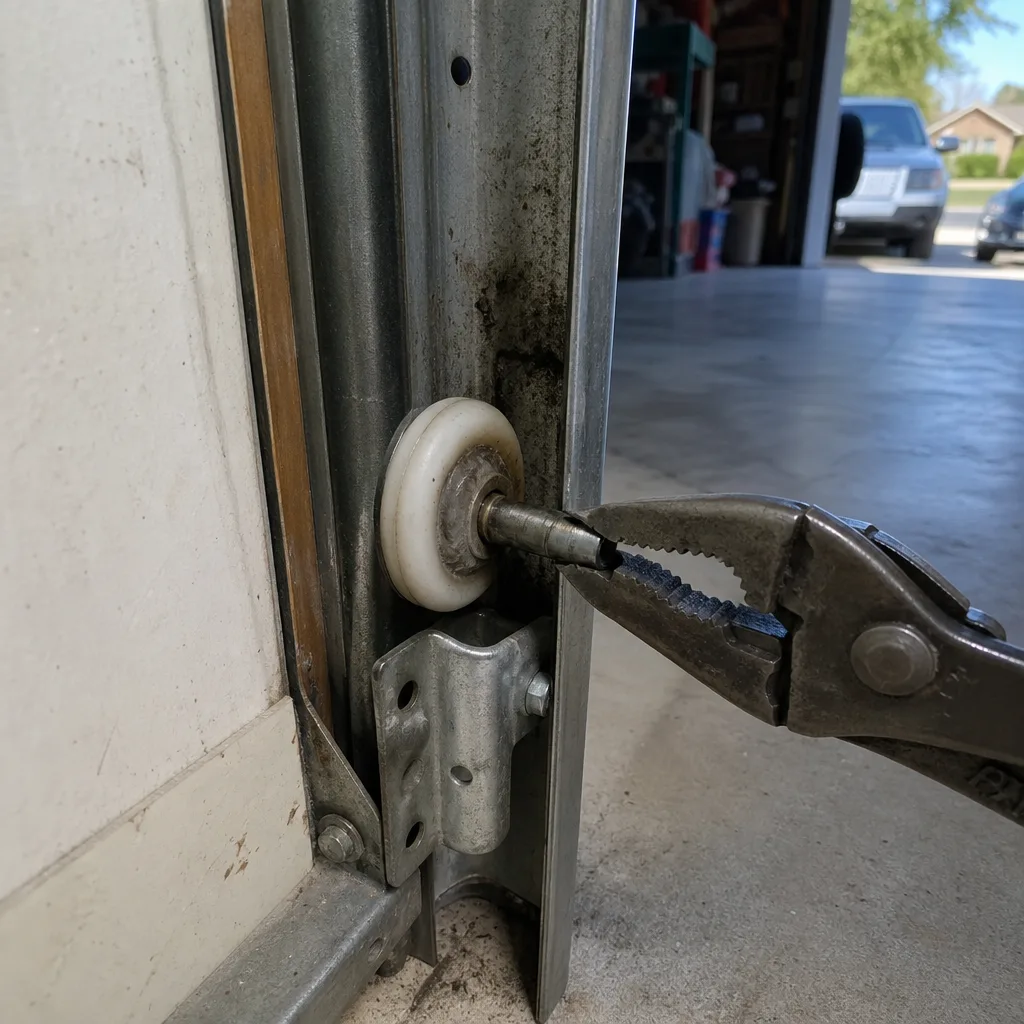 Technician performing professional garage door roller repair and maintenance
