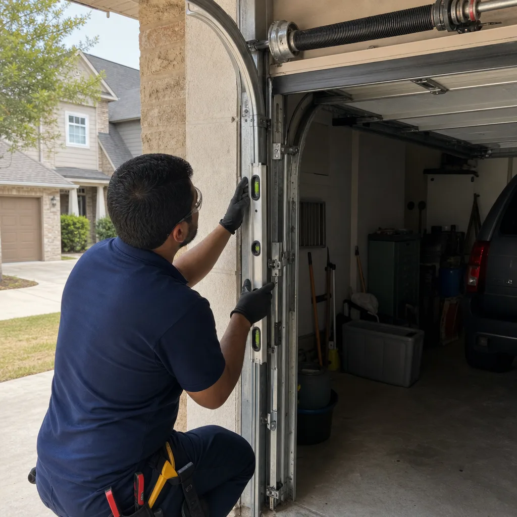 Technician using a level to inspect and repair garage door tracks