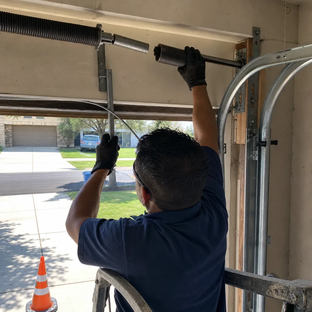 Professional technician performing garage door spring repair