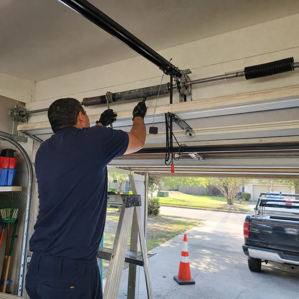Technician performing professional garage door spring repair with specialized tools