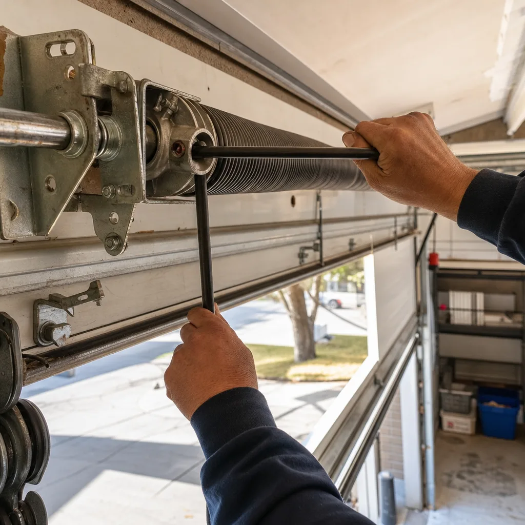 Technician performing professional garage door torsion spring adjustment and repair